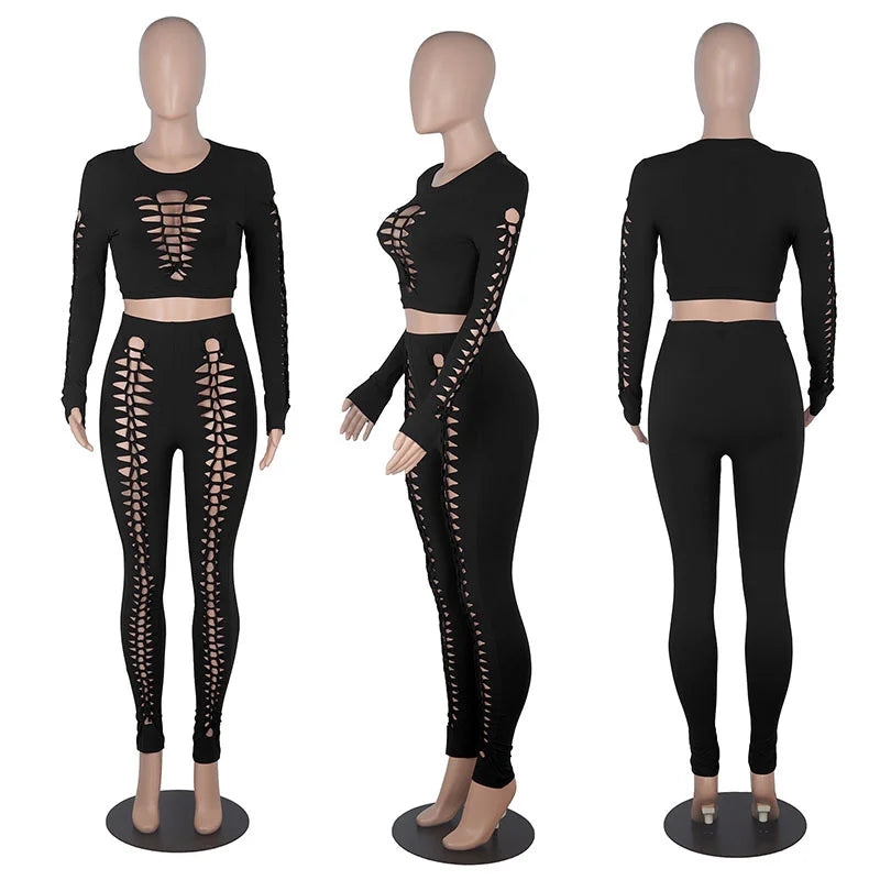 Streetwear Sexy 2 Piece Outfits for Women Tracksuit Hollow Out Crop Top and Leggings Set Party Club Matching Sets Ensemble Femme - Jscomfortzstore