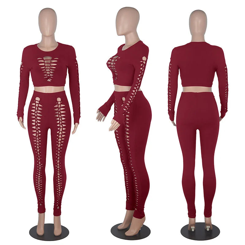 Streetwear Sexy 2 Piece Outfits for Women Tracksuit Hollow Out Crop Top and Leggings Set Party Club Matching Sets Ensemble Femme - Jscomfortzstore