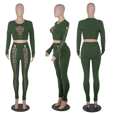 Streetwear Sexy 2 Piece Outfits for Women Tracksuit Hollow Out Crop Top and Leggings Set Party Club Matching Sets Ensemble Femme - Jscomfortzstore