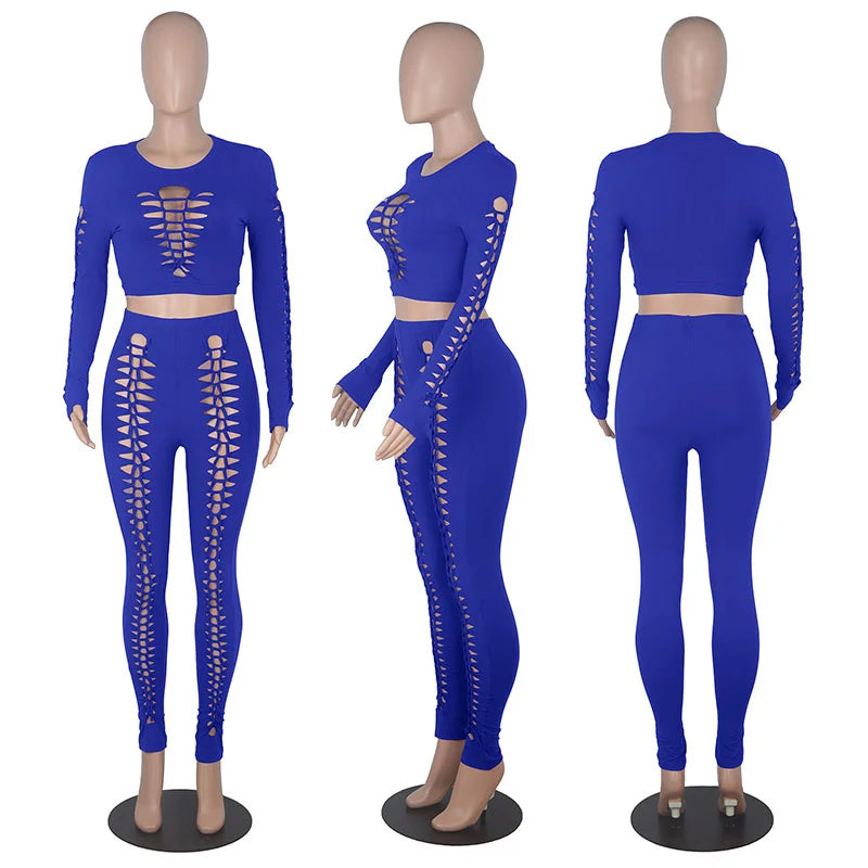 Streetwear Sexy 2 Piece Outfits for Women Tracksuit Hollow Out Crop Top and Leggings Set Party Club Matching Sets Ensemble Femme - Jscomfortzstore