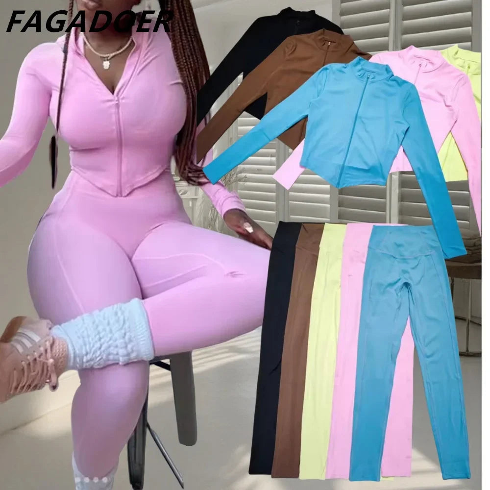 FAGADOER Candy Color Sporty 2pcs Sets Outfits Quality Stretchy Tracksuit Female Workout Streetwear Jacket + Leggings  Pants Suit - Jscomfortzstore