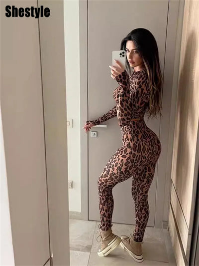 Shestyle Leopard Sporty Women Two Piece Sets Casual Animal Leggings Crop Top Brown Half High Neck Pullover - Jscomfortzstore