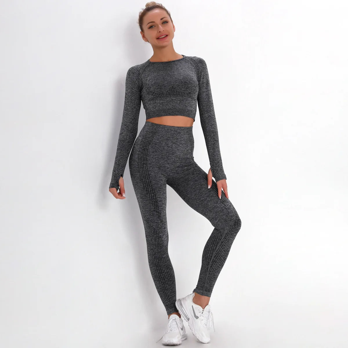 Women Seamless Gym Set Long Sleeve Top High Waist Belly Control Sport Leggings Gym Clothes Seamless Sport Suit Sexy Booty Girls - Jscomfortzstore