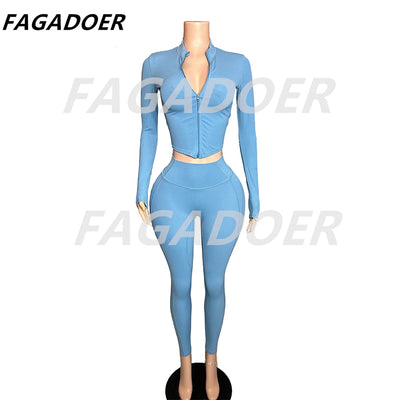 FAGADOER Candy Color Sporty 2pcs Sets Outfits Quality Stretchy Tracksuit Female Workout Streetwear Jacket + Leggings  Pants Suit - Jscomfortzstore