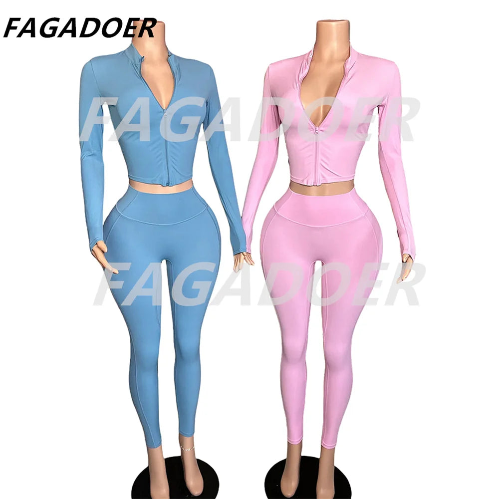 FAGADOER Candy Color Sporty 2pcs Sets Outfits Quality Stretchy Tracksuit Female Workout Streetwear Jacket + Leggings  Pants Suit - Jscomfortzstore