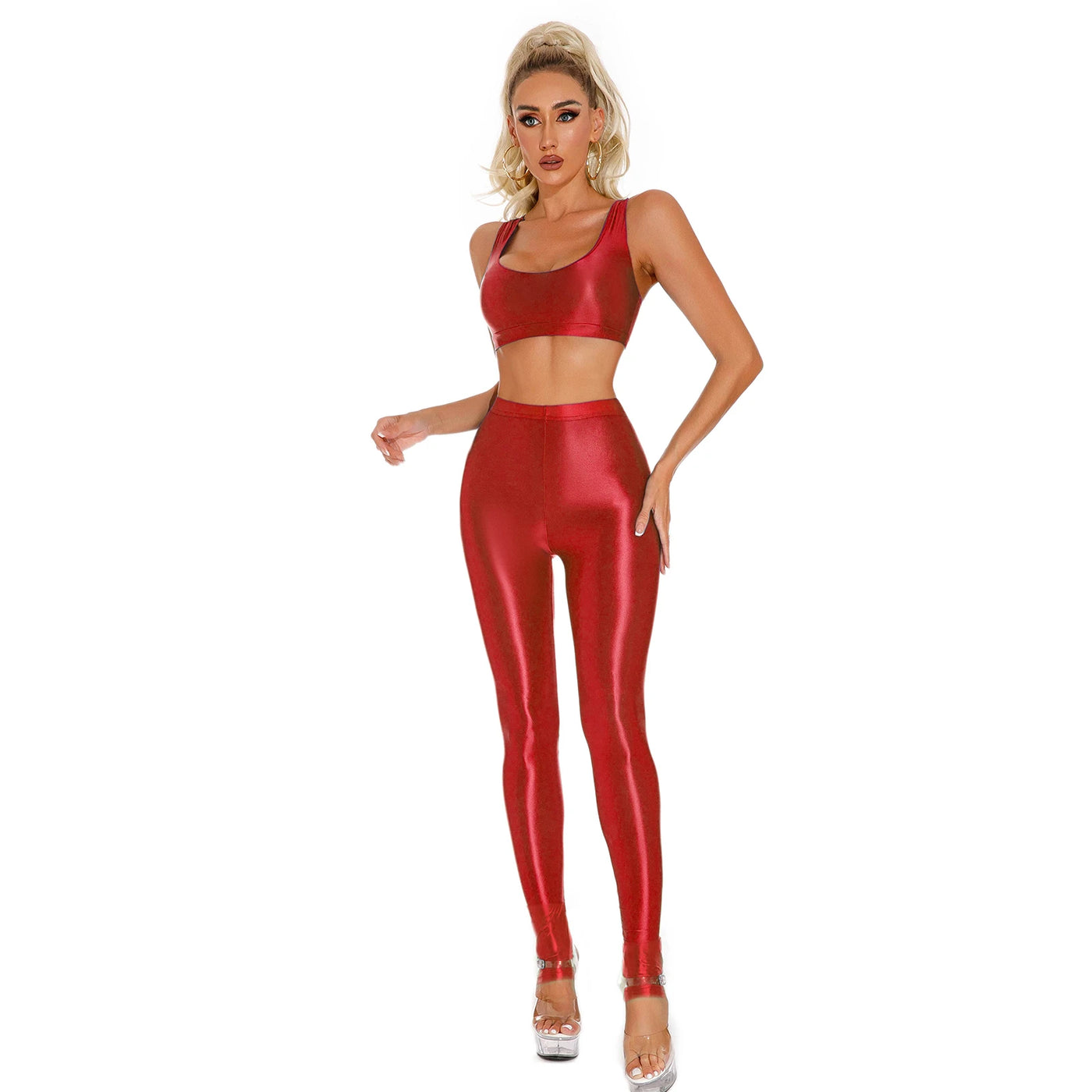 Womens Glossy Sportswear Outfit Sexy U Neck Crop Top with Pantyhose Tights Vest and Leggings Pants Slim Fit Yoga Club Dancewear - Jscomfortzstore