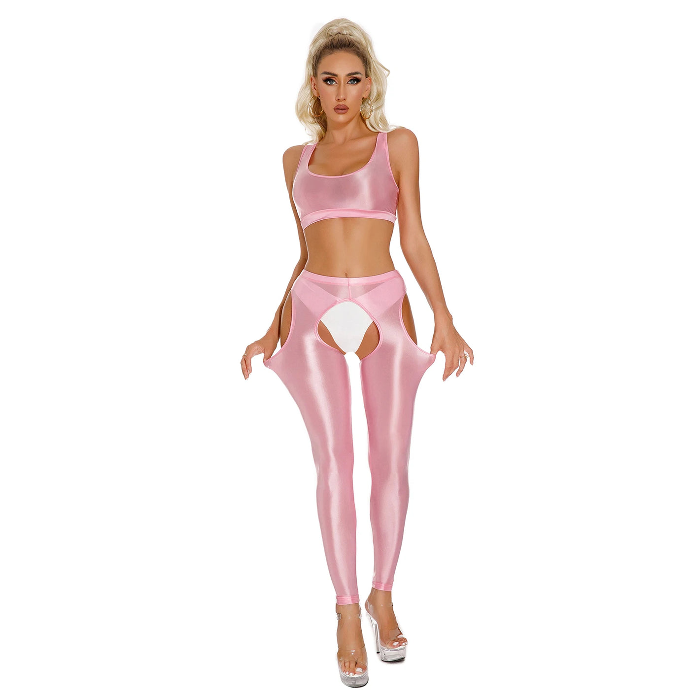 Womens Glossy Sportswear Outfit Sexy U Neck Crop Top with Pantyhose Tights Vest and Leggings Pants Slim Fit Yoga Club Dancewear - Jscomfortzstore