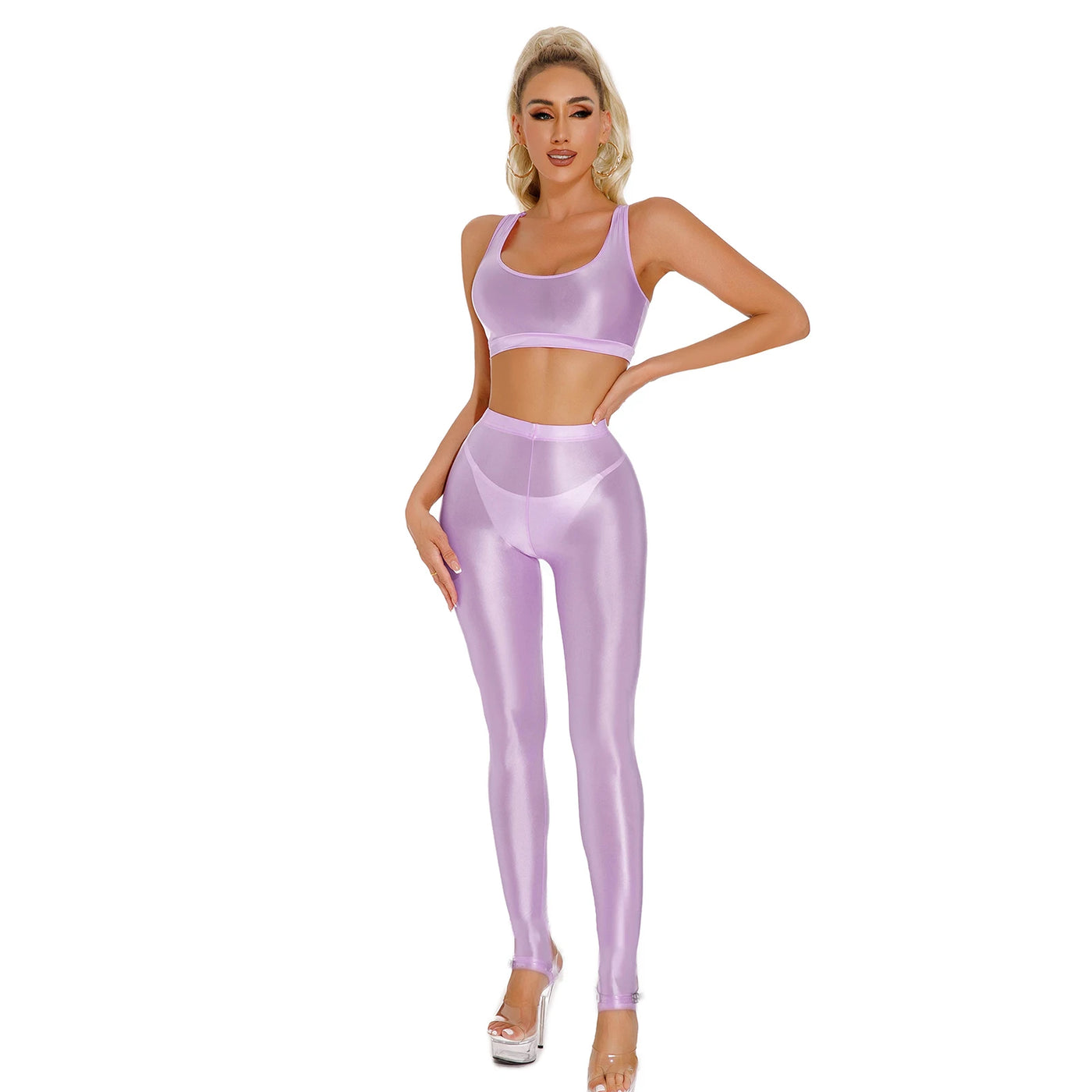 Womens Glossy Sportswear Outfit Sexy U Neck Crop Top with Pantyhose Tights Vest and Leggings Pants Slim Fit Yoga Club Dancewear - Jscomfortzstore