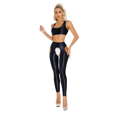 Womens Glossy Sportswear Outfit Sexy U Neck Crop Top with Pantyhose Tights Vest and Leggings Pants Slim Fit Yoga Club Dancewear - Jscomfortzstore