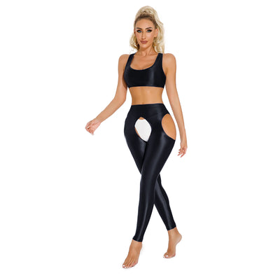 Womens Glossy Sportswear Outfit Sexy U Neck Crop Top with Pantyhose Tights Vest and Leggings Pants Slim Fit Yoga Club Dancewear - Jscomfortzstore