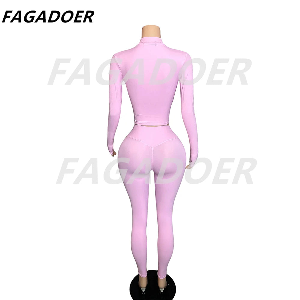 FAGADOER Candy Color Sporty 2pcs Sets Outfits Quality Stretchy Tracksuit Female Workout Streetwear Jacket + Leggings  Pants Suit - Jscomfortzstore