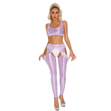 Load image into Gallery viewer, Womens Glossy Sportswear Outfit Sexy U Neck Crop Top with Pantyhose Tights Vest and Leggings Pants Slim Fit Yoga Club Dancewear
