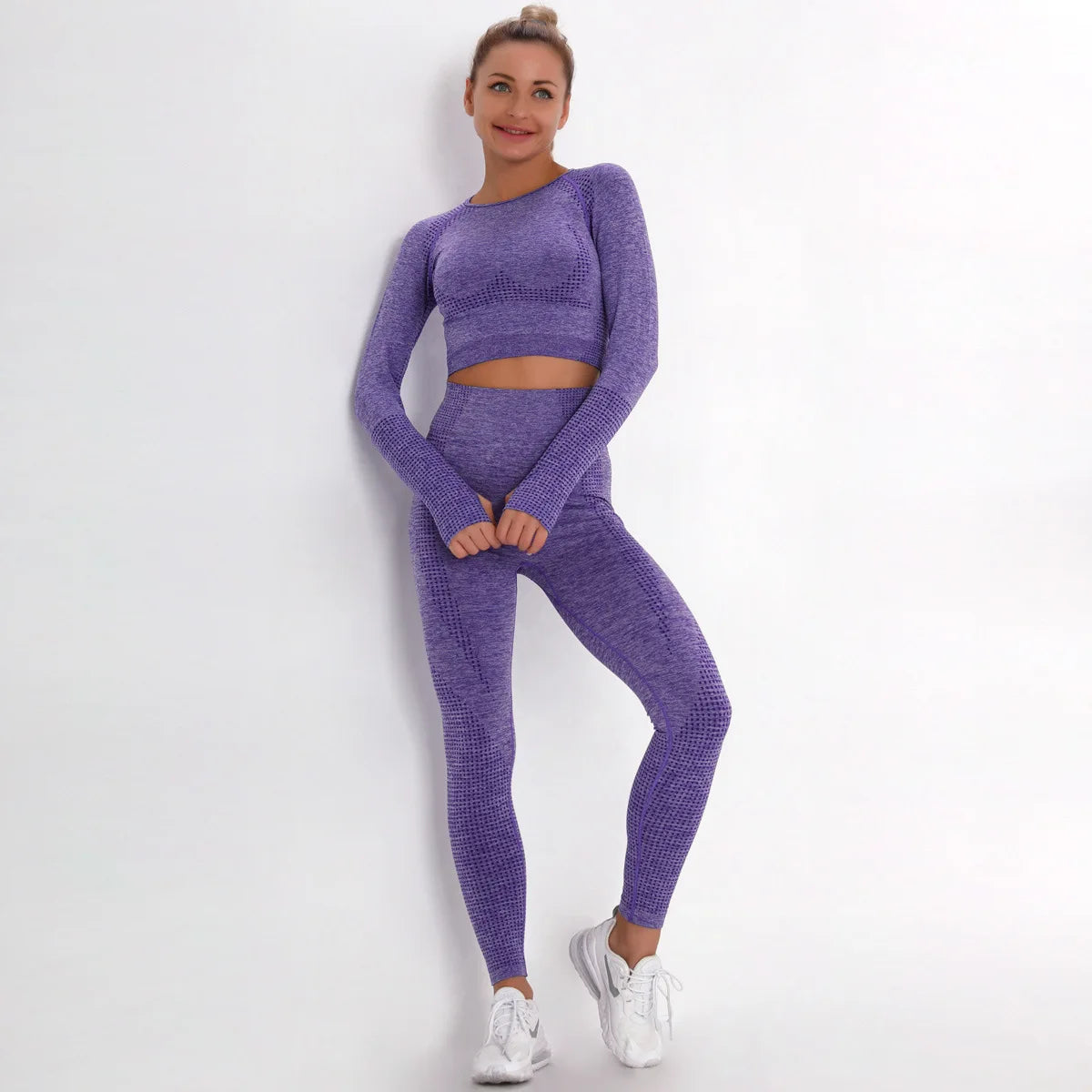 Women Seamless Gym Set Long Sleeve Top High Waist Belly Control Sport Leggings Gym Clothes Seamless Sport Suit Sexy Booty Girls - Jscomfortzstore