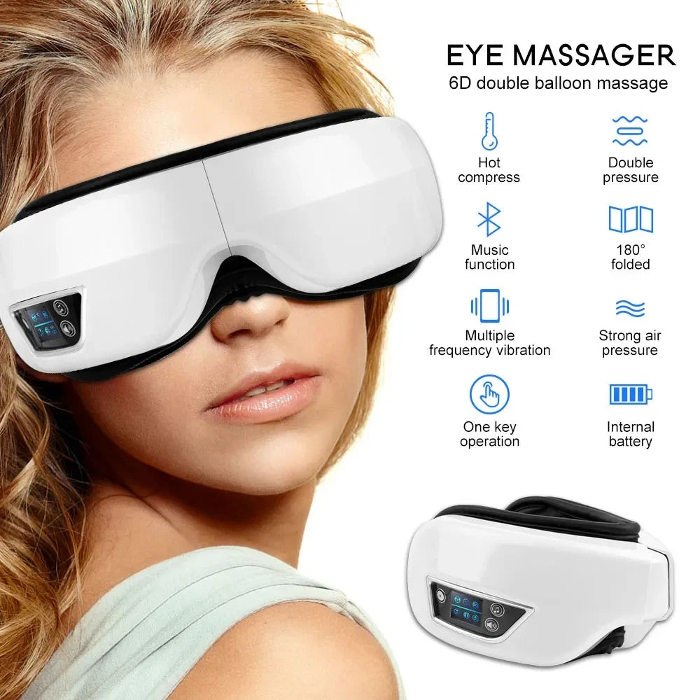 Eye Massager 6D Smart Airbag Vibration Eye Care Instrument Hot Compress Bluetooth Eye Massage Glasses Fatigue Pouch & Wrinkle - Jscomfortzstore