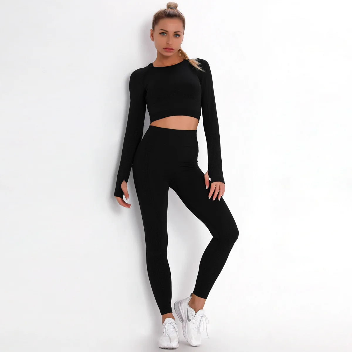 Women Seamless Gym Set Long Sleeve Top High Waist Belly Control Sport Leggings Gym Clothes Seamless Sport Suit Sexy Booty Girls - Jscomfortzstore