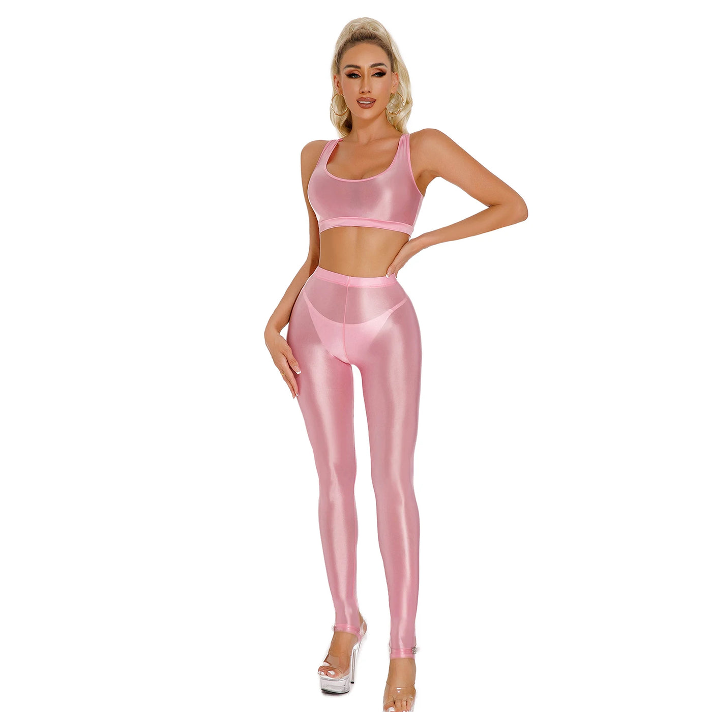 Womens Glossy Sportswear Outfit Sexy U Neck Crop Top with Pantyhose Tights Vest and Leggings Pants Slim Fit Yoga Club Dancewear - Jscomfortzstore