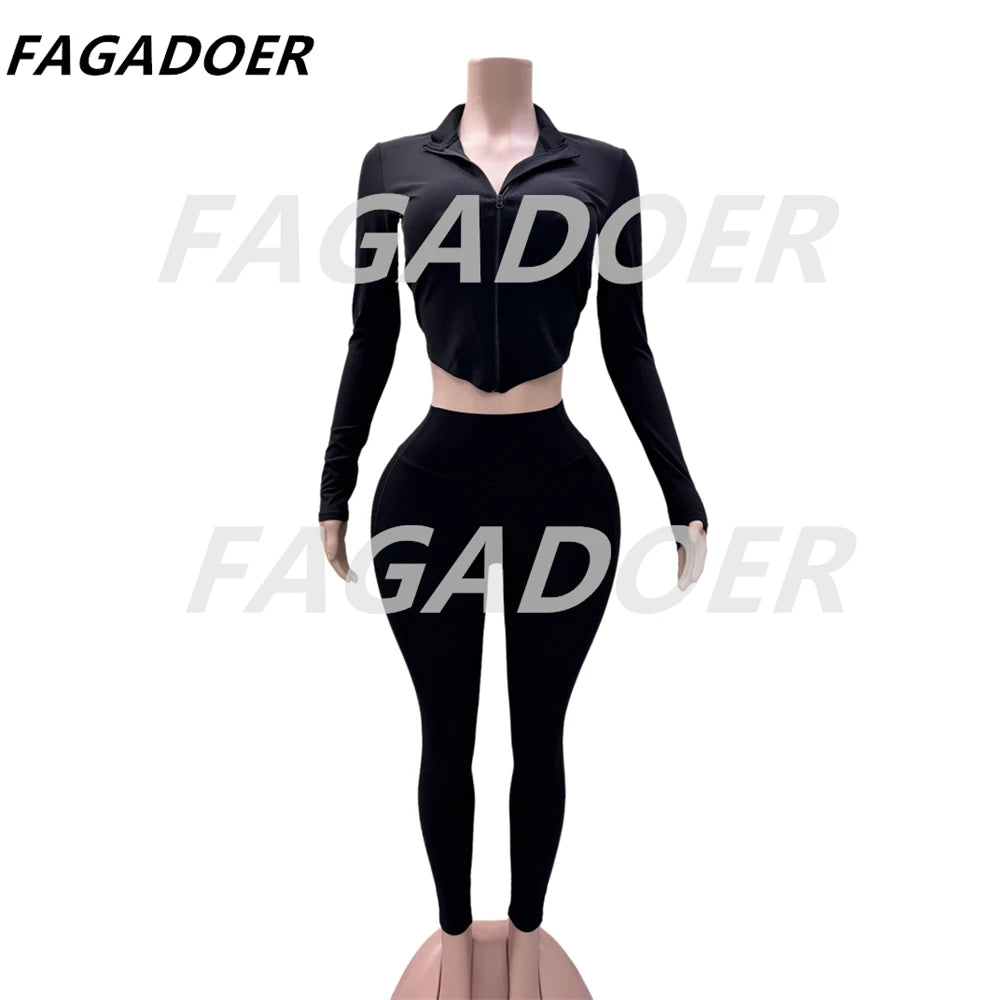 FAGADOER Candy Color Sporty 2pcs Sets Outfits Quality Stretchy Tracksuit Female Workout Streetwear Jacket + Leggings  Pants Suit - Jscomfortzstore