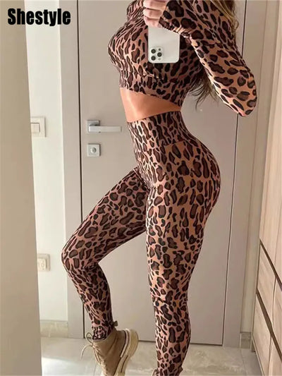 Shestyle Leopard Sporty Women Two Piece Sets Casual Animal Leggings Crop Top Brown Half High Neck Pullover - Jscomfortzstore