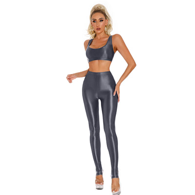 Womens Glossy Sportswear Outfit Sexy U Neck Crop Top with Pantyhose Tights Vest and Leggings Pants Slim Fit Yoga Club Dancewear - Jscomfortzstore