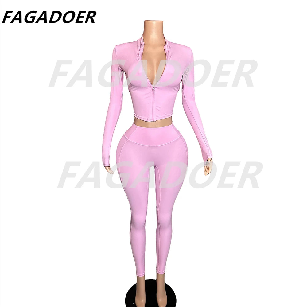 FAGADOER Candy Color Sporty 2pcs Sets Outfits Quality Stretchy Tracksuit Female Workout Streetwear Jacket + Leggings  Pants Suit - Jscomfortzstore