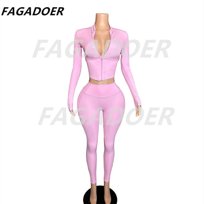 FAGADOER Candy Color Sporty 2pcs Sets Outfits Quality Stretchy Tracksuit Female Workout Streetwear Jacket + Leggings  Pants Suit - Jscomfortzstore