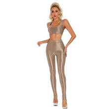 Load image into Gallery viewer, Womens Glossy Sportswear Outfit Sexy U Neck Crop Top with Pantyhose Tights Vest and Leggings Pants Slim Fit Yoga Club Dancewear
